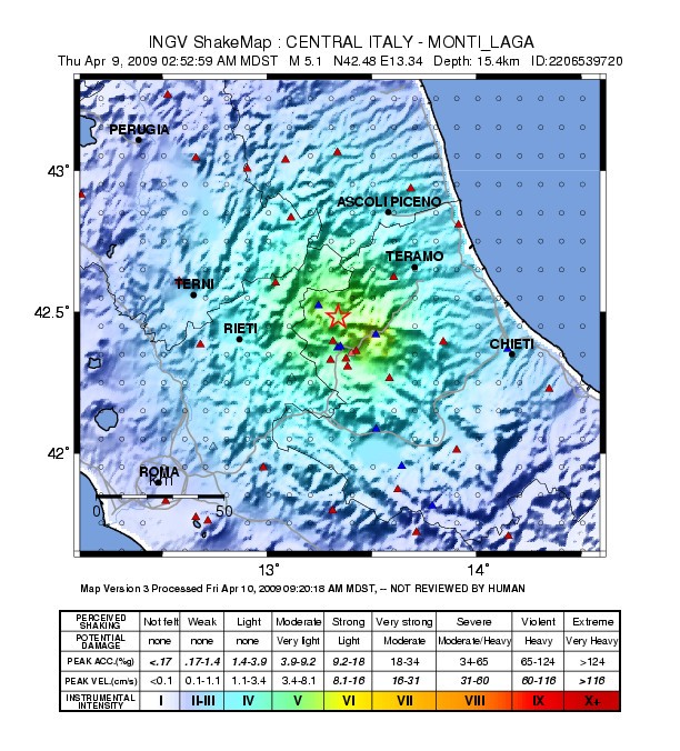 mappa scuotimento Mi 5.1 gran sasso