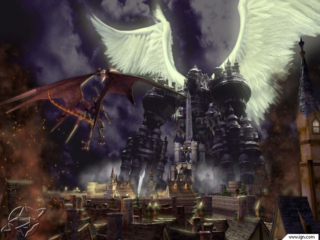 Final Fantasy, la mia serie di videogiochi preferita! questa è l'immagine più bella di FF9, il drago Bahamut si staglia contro il castello di Alexandria
